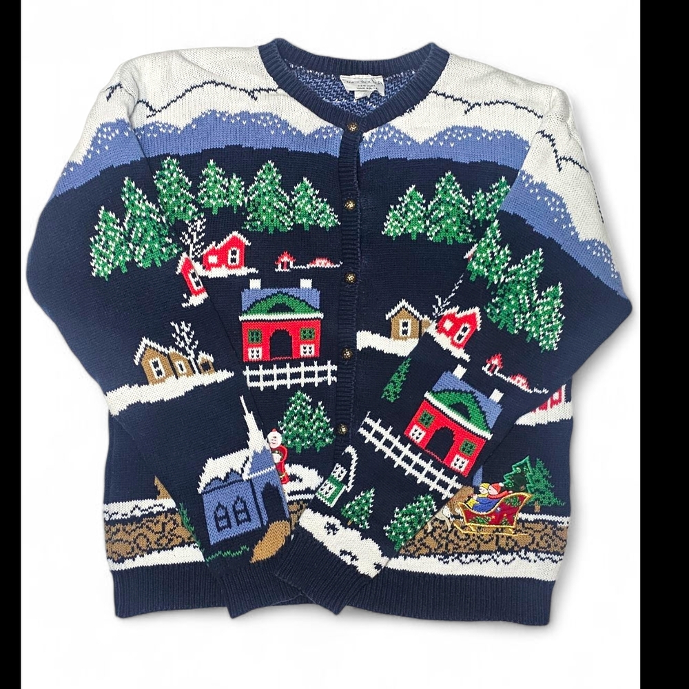 Vintage Holiday Cardigan Ugly Christmas Sweater L Cotton Winter Grandma Cottage